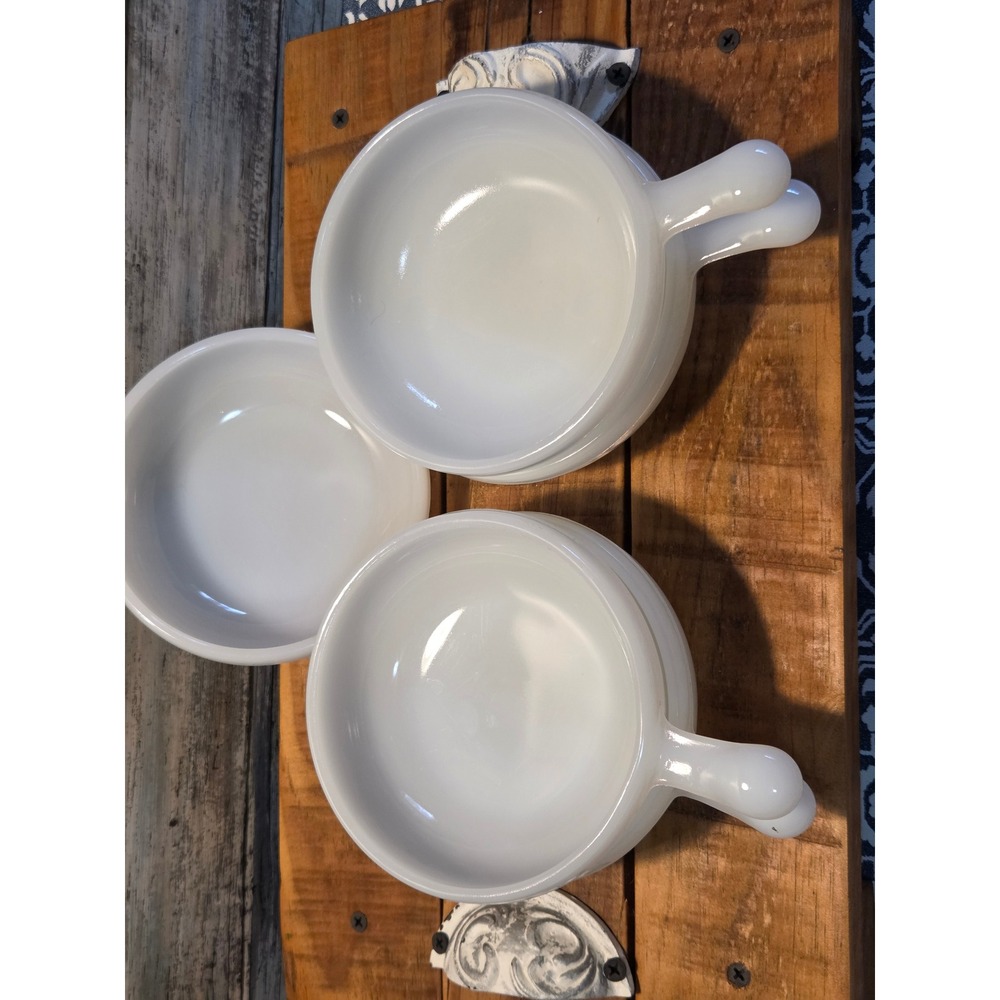 MCM Glasbake Milk Glass Soup Bowls with Lug Handles Handles Set of 4 - Picture 2 of 5